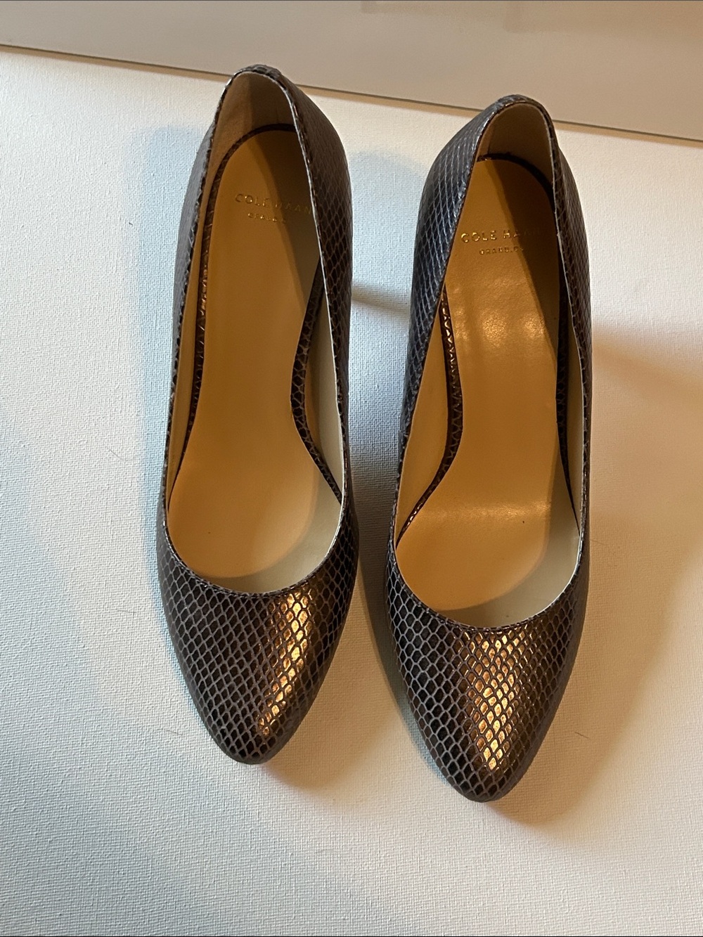Cole Haan Dark Brown Snake-Embossed Pointed Toe Pumps